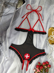 Women's Nurse Costume Set with Swiss Flag Emblem and Ruffled Spandex Lingerie
