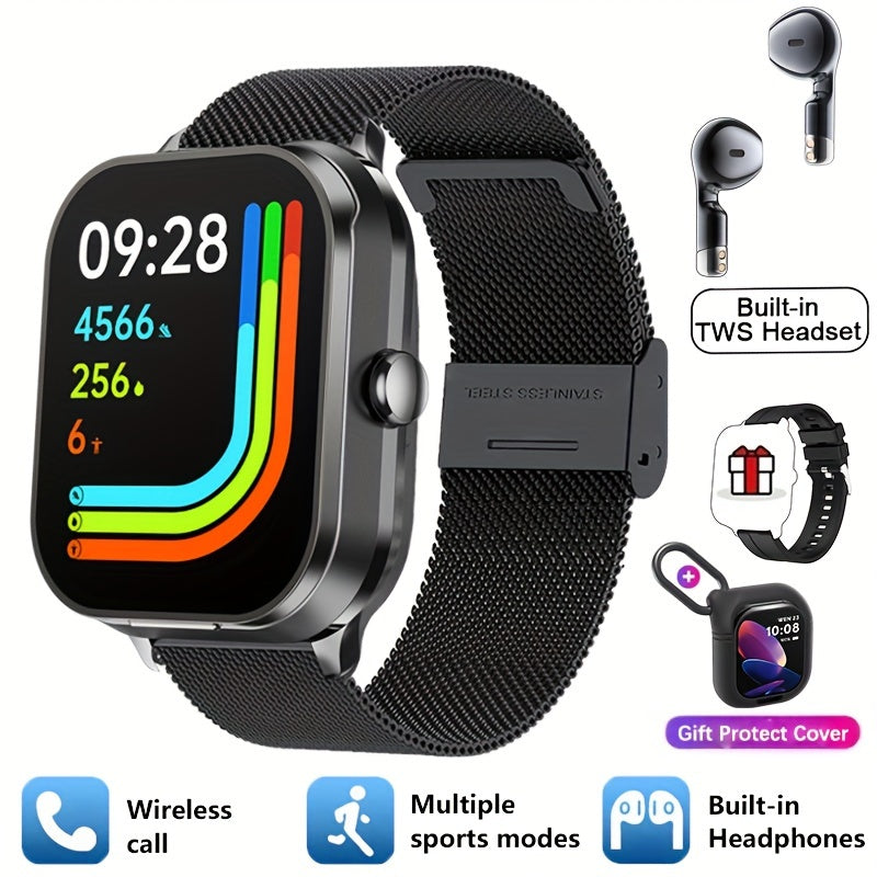 2-in-1 Smart Watch with TWS Earbuds Wireless Charging Large TFT Screen Square Alloy Case Interchangeable Straps Weather Call Date Features