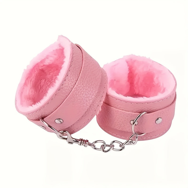 Adult Unisex PVC Leather Plush Handcuffs Adjustable Chain Restraint