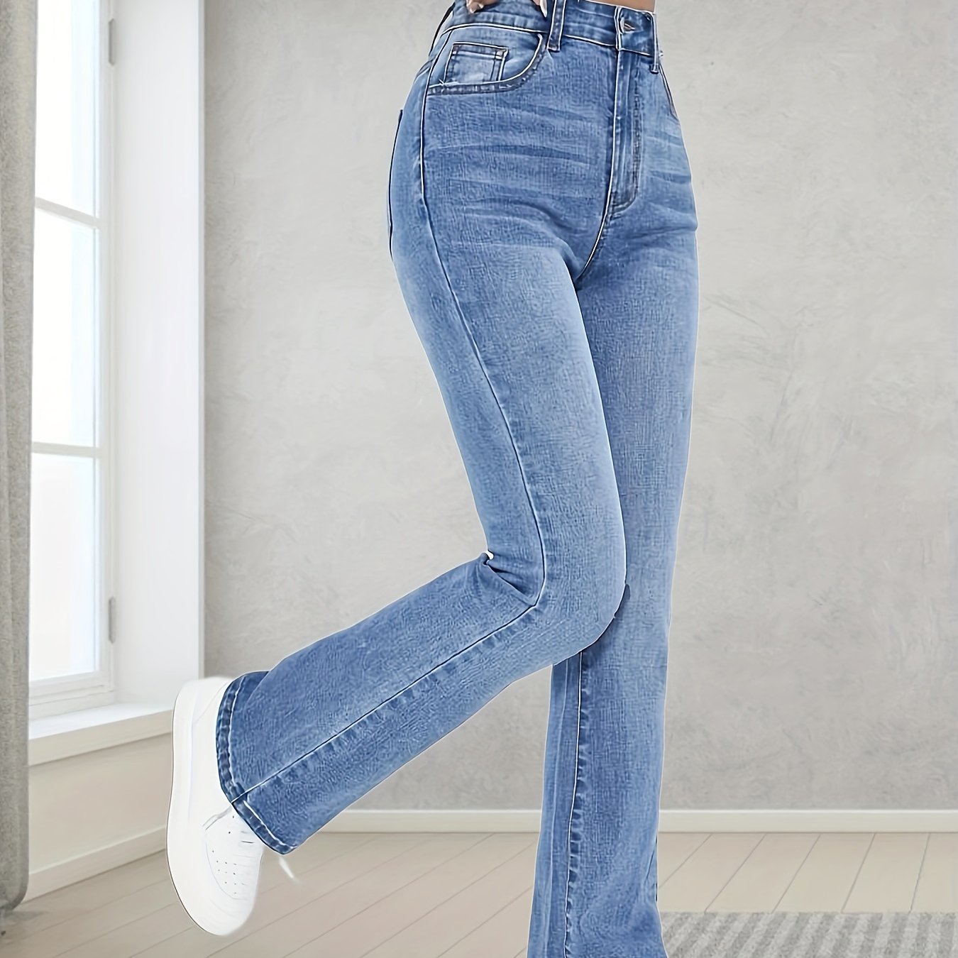 Women's Washed Blue Flare Leg Jeans with High Stretch and Bell Bottom Style