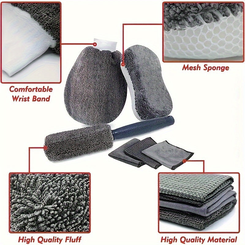 Kit de lavado de coche de microfibra de 9 piezas con almohadillas aplicadoras y cepillo para ruedas