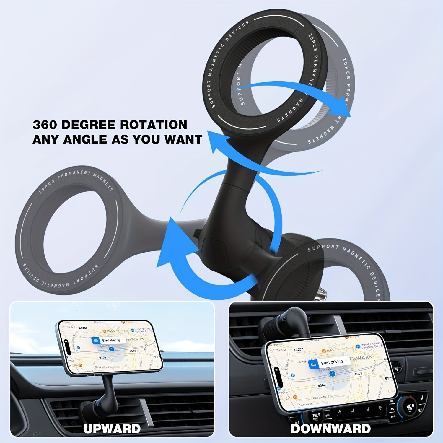 Soporte de teléfono para ventilación de coche universal negro con rotación de 360° y soporte magnético