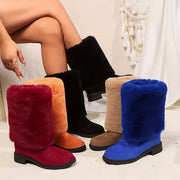 Women's Solid Color Mid-Calf Fluffy Winter Boots with Slip-On Closure