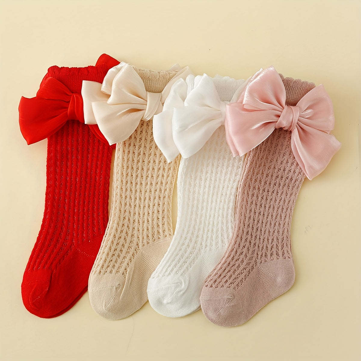 Baby Socks Set of 4 for Kids Toddler Knee-High Mesh Bow Pattern Cotton