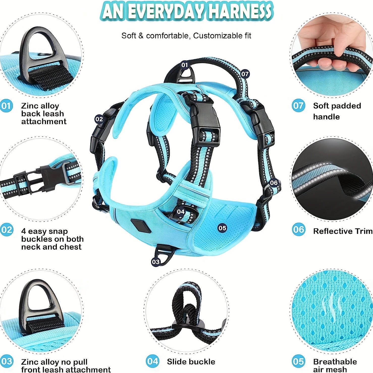 Turli ranglarda mavjud bo'lgan mustahkam aks ettiruvchi itlar uchun belbog' va tutqich to'plami, barcha o'lchamdagi itlar uchun mos. 152.4 sm tutqichni o'z ichiga oladi. Faqat qo'l bilan yuvish.