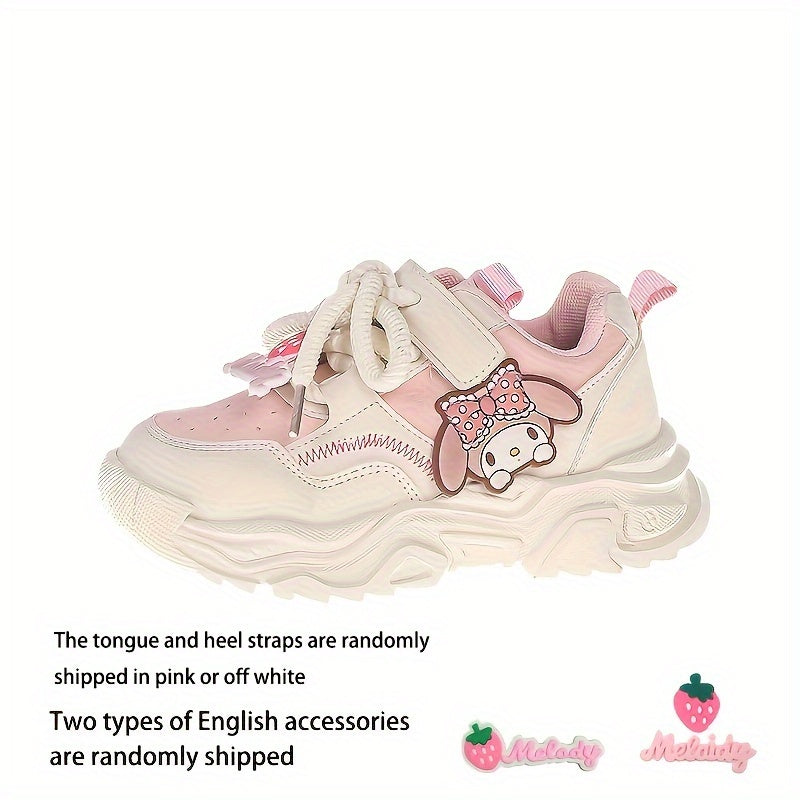 Girls' Pink and White Cartoon Sneakers with Easy-On Closure for Casual Outdoor Wear