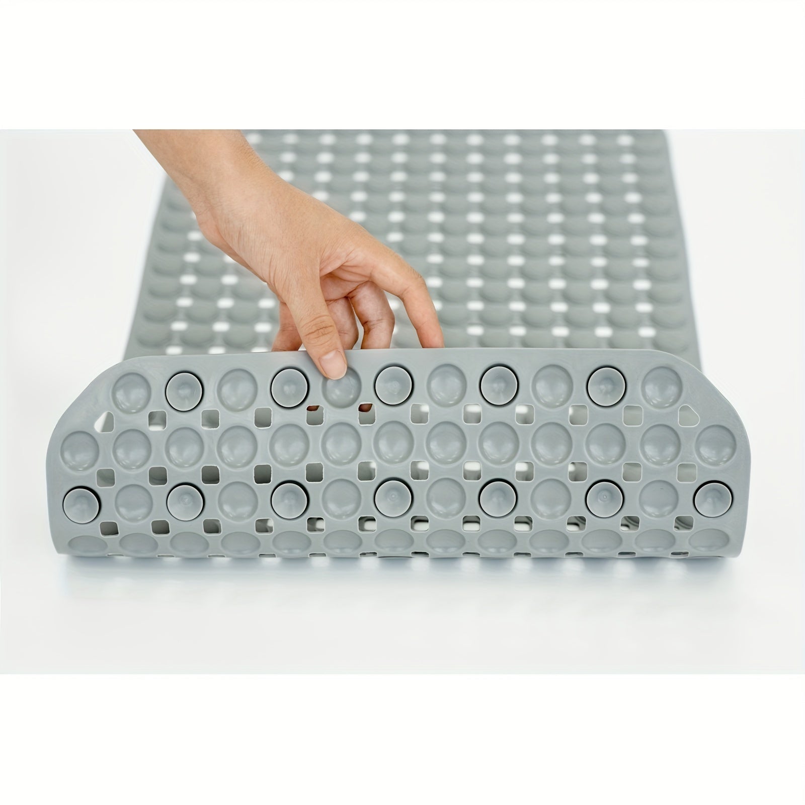 Alfombra antideslizante para bañera de PVC gris claro con ventosas y orificios de drenaje