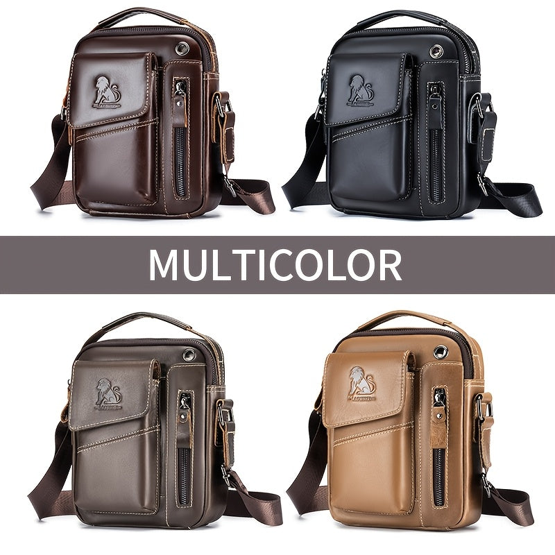 Men's Genuine Leather Crossbody Bag with Multi-Compartment Zipper Dark Brown