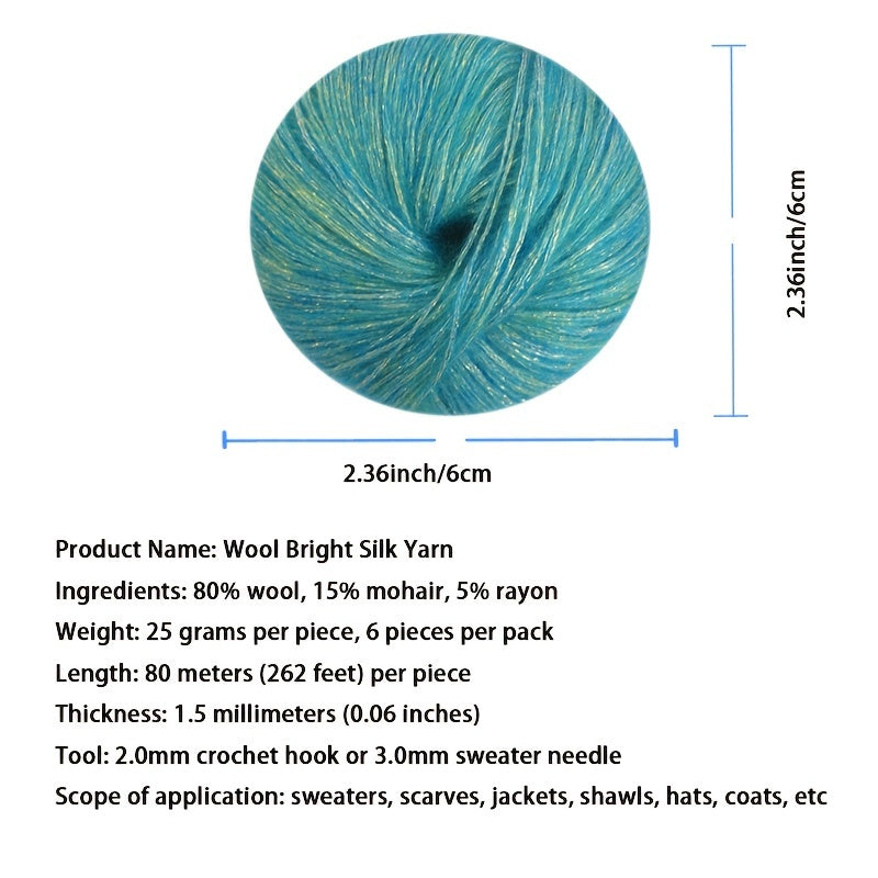 6-to'plam mohir paxta mohair ipi, tikish va makrame uchun, ko'p rangli gradient, 150G
