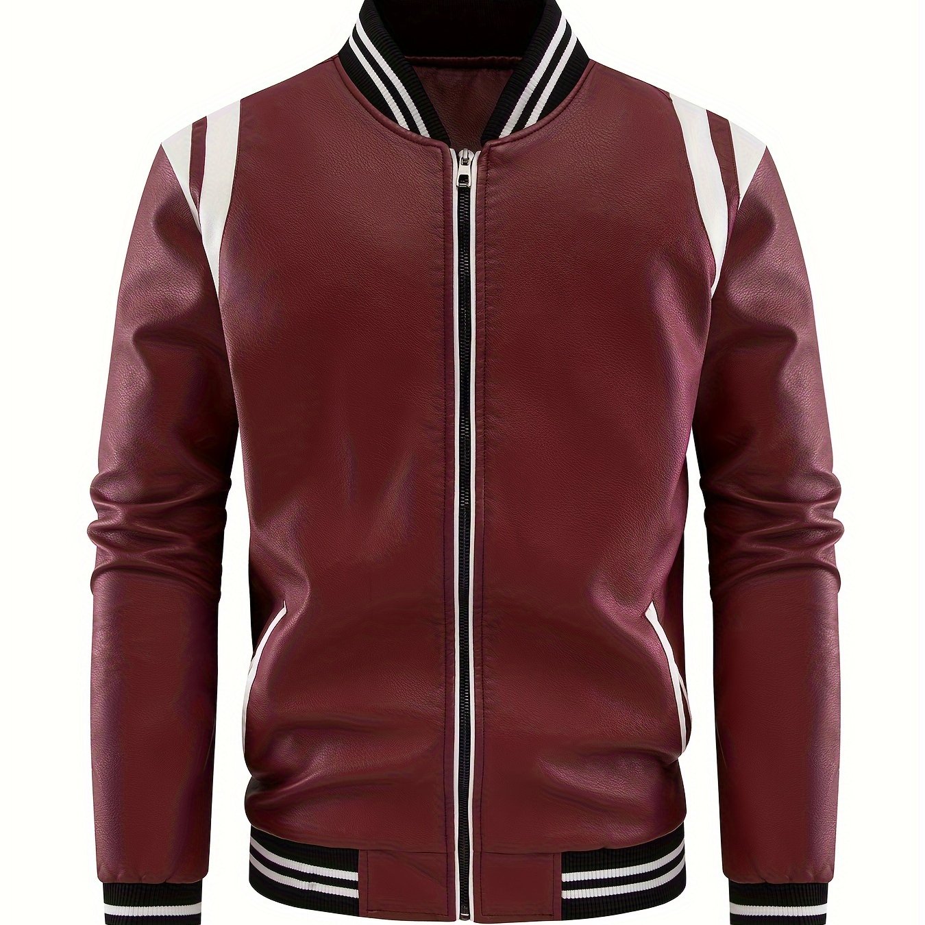 Erkaklar uchun sun'iy charm kurtka, klassik dizayn, retro uslubidagi fermuarli, turli xil yenglar, chiziqli aksentlar va har kuni kiyish uchun mashinada yuviladigan polyester aralashmasi.