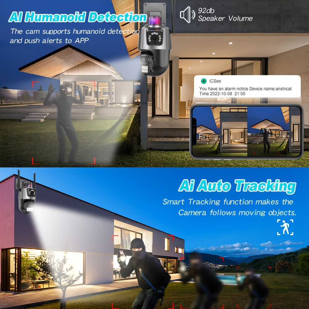 6MP POE simsiz xavfsizlik kamerası, 3K Full HD ikkilamchi linza, AI insonni aniqlash, avtomatik izlash, kechqurun ko‘rish, ikki tomonlama audio, ichki va tashqi foydalanish uchun