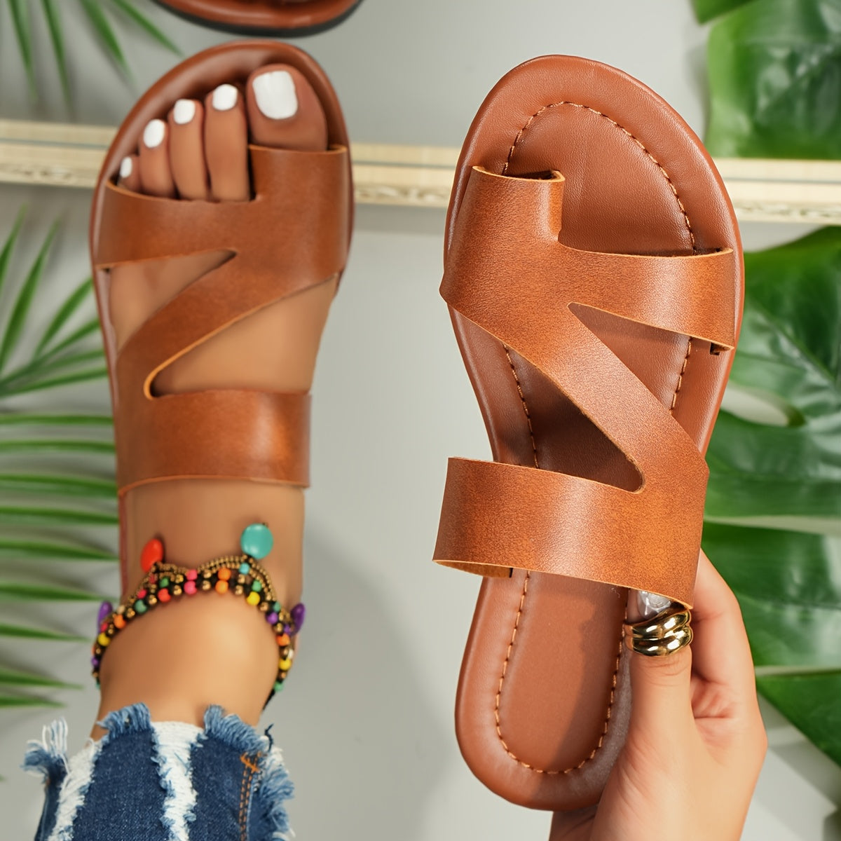 Women's Brown Slide Sandals Open Toe Flat Casual Beach Shoes