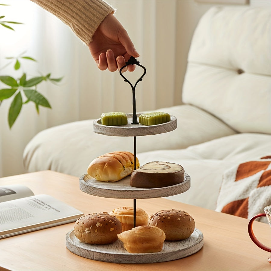 Soporte para pasteles de madera rústica con detalles de hierro para eventos y decoración