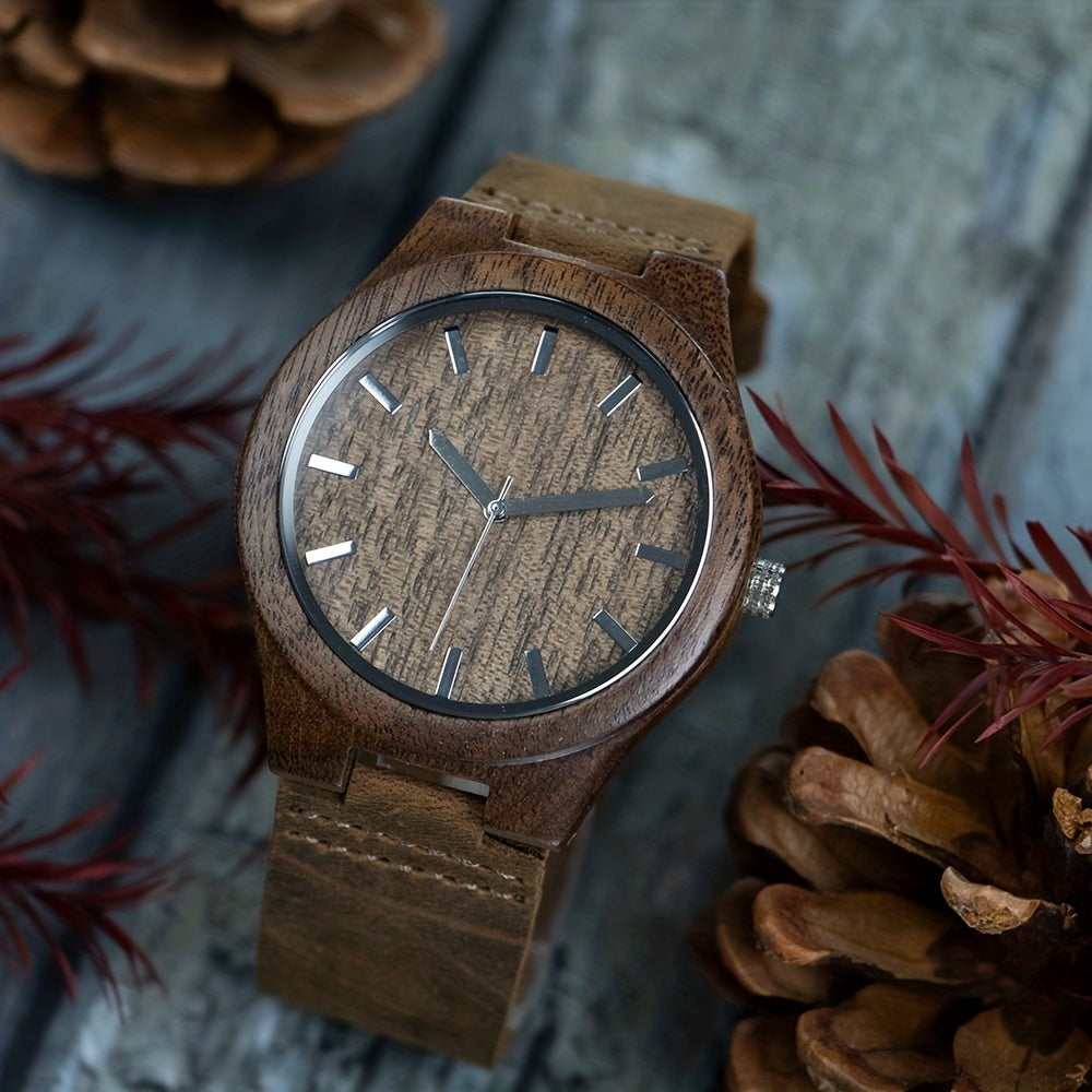 Men's Natural Walnut Wood Wrist Watch with Leather Band Gift Idea
