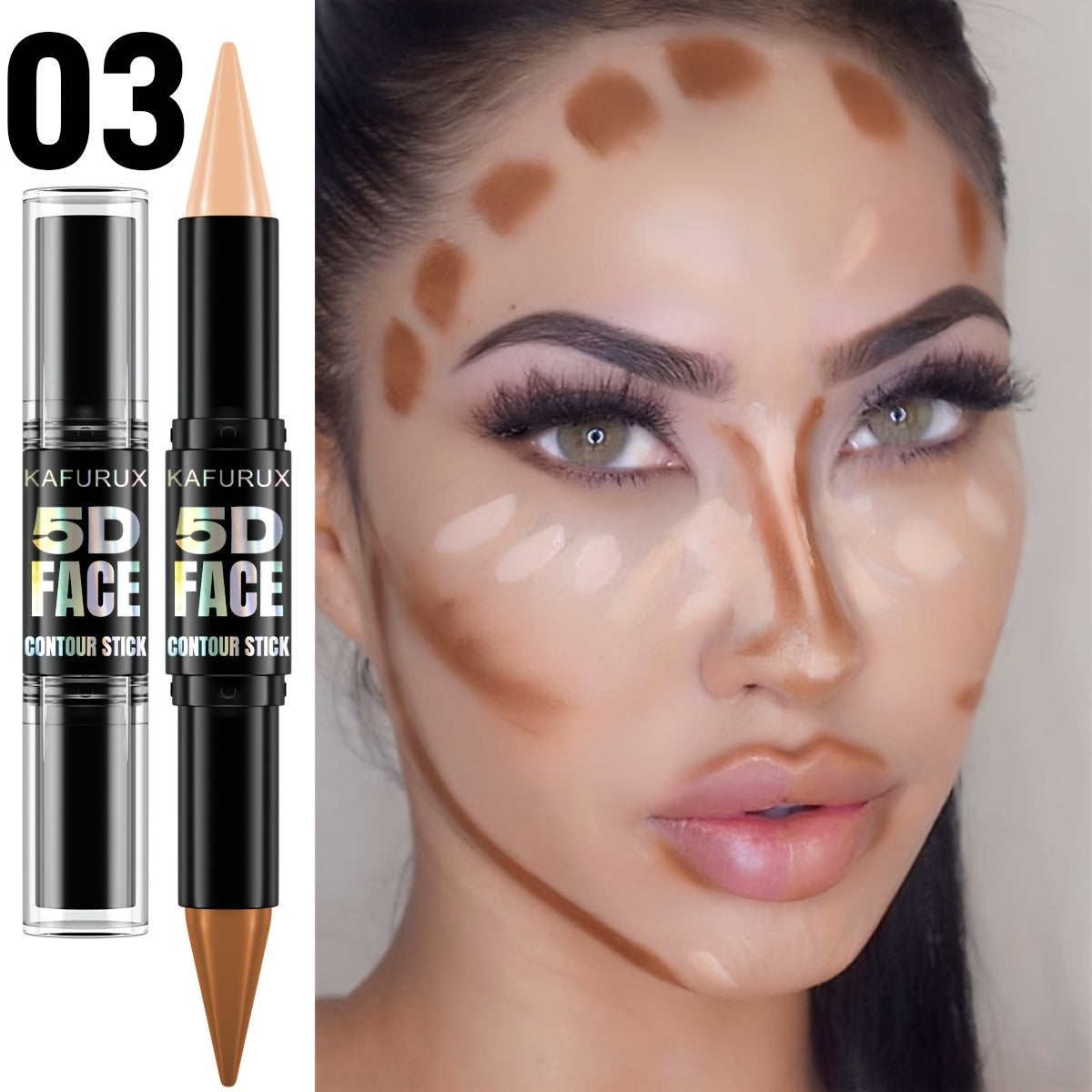 Yuz kontur stiku, ikki tomonlama yashiruvchi, to'liq qamrov, tabiiy yakun, yengildan o'rtacha