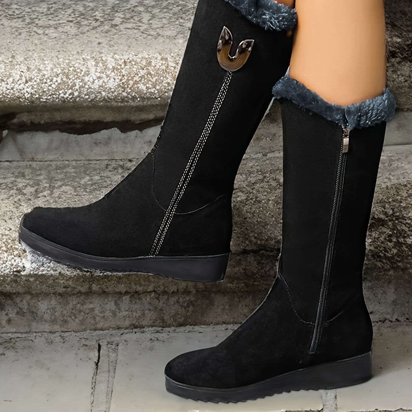 Women's Fleece-Lined Mid-Calf Winter Ankle Boots Flat Sole