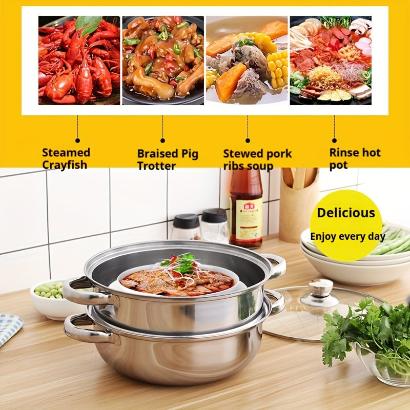 Two-Tier Stainless Steel Steamer Pot Set with Glass Lid, Induction Ready, Food and Vegetable Steaming