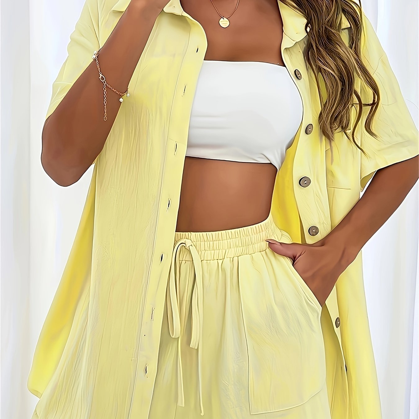 Conjunto casual de dos piezas para mujer de poliéster, camisa de botones y pantalones cortos con cordón