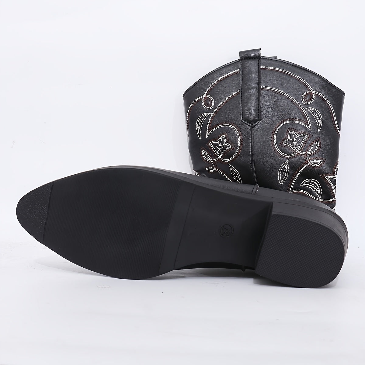 Women's Western Cowboy Boots With Floral Embroidery Short Slip-On Stylish