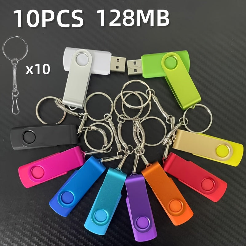 10 ta rang-barang metall USB flesh-disklar, haqiqiy sig'imi 128MB, 4GB, 8GB va 16GB o'lchamlarida. Bepul kalit zanjiri kiritilgan.