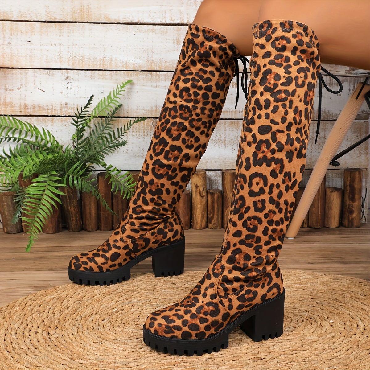 Women's Black Over-the-Knee Boots Casual Lace-Up Chunky Heel Winter