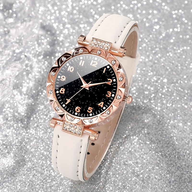 Women's Quartz Watch Set 3-Piece Round Dial PU Strap Elegant Gift