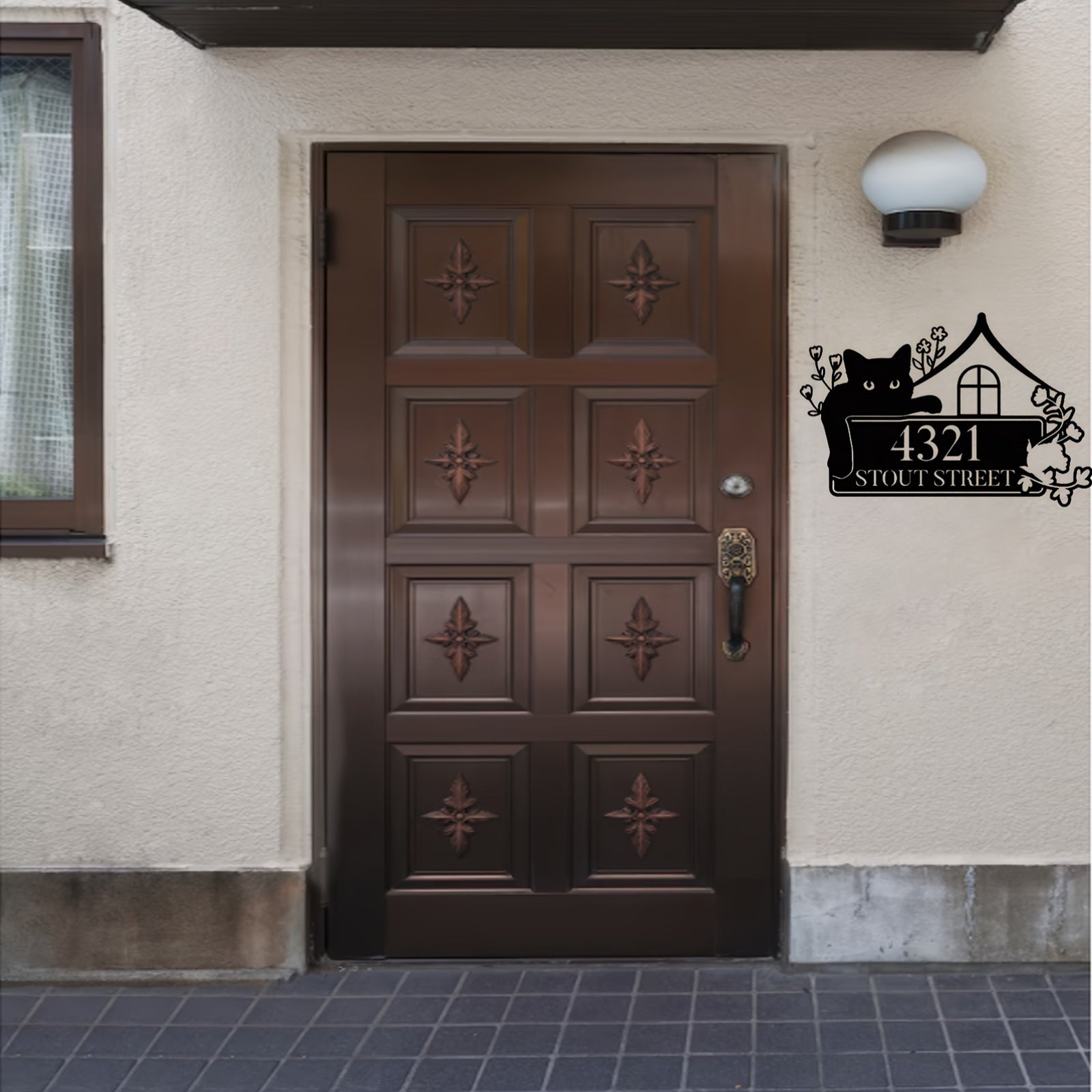 Black Metal House Number Plaque for Cat Lovers Personalized Outdoor Wall Sign