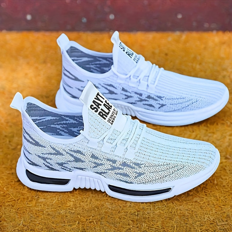 Men's White Athletic Sneakers Breathable Rubber Sole Cushioned Woven Pattern All-Season