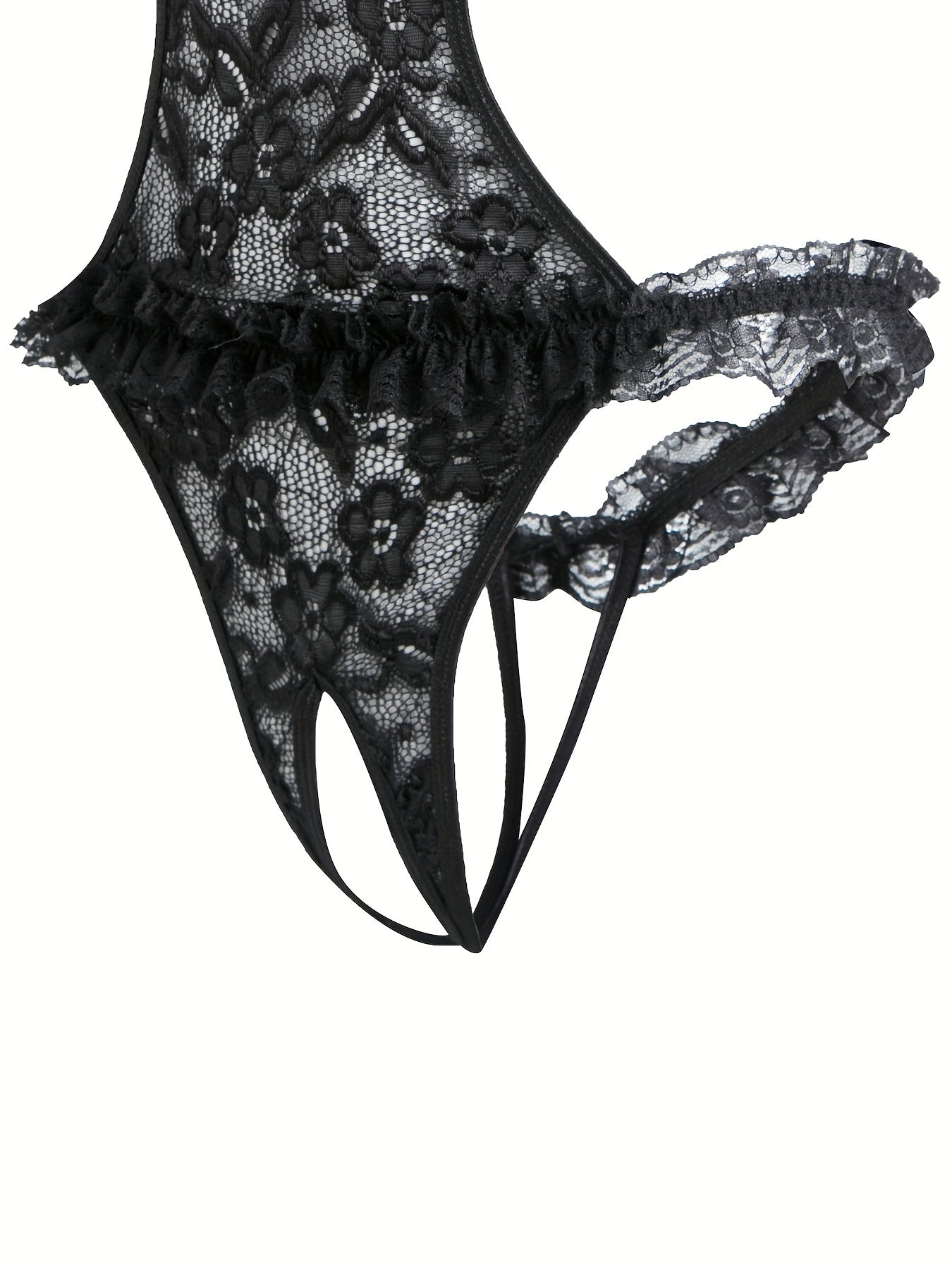 Ayollar uchun zamonaviy dantel bodysuit, asimmetrik dizayn va to'qilgan mato tafsilotlari bilan. Yaqin kiyim uchun mukammal.