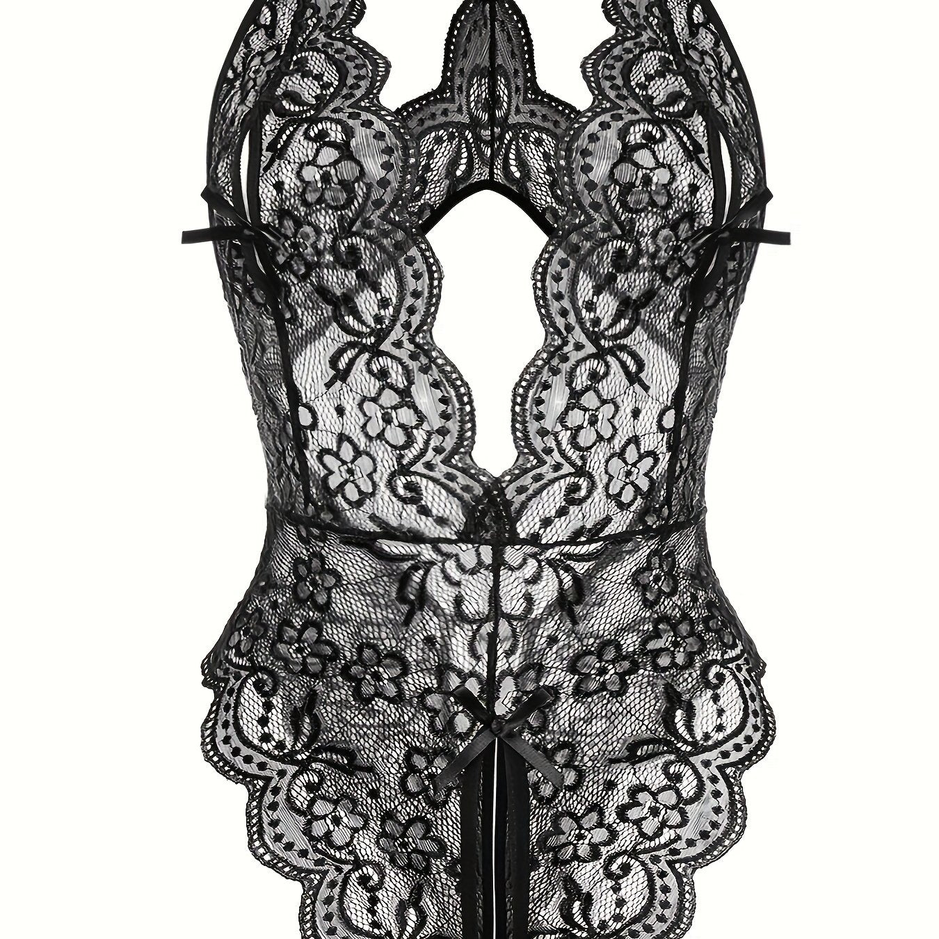 Plus Size Lace Bodysuit Women's Crotchless Halter Teddy with Rhinestones