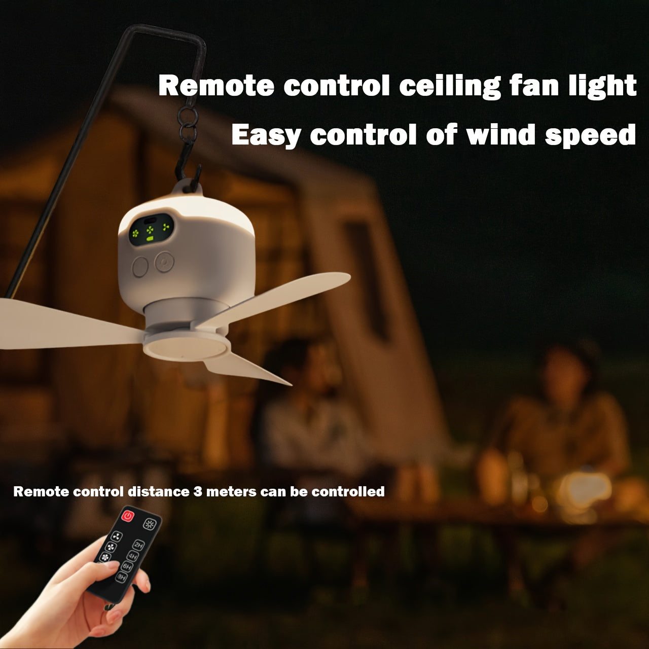 Portable Camping Fan with LED Light and Remote Control, Rechargeable 8000mAh Battery, Detachable Blades, Timer, 3 Speeds