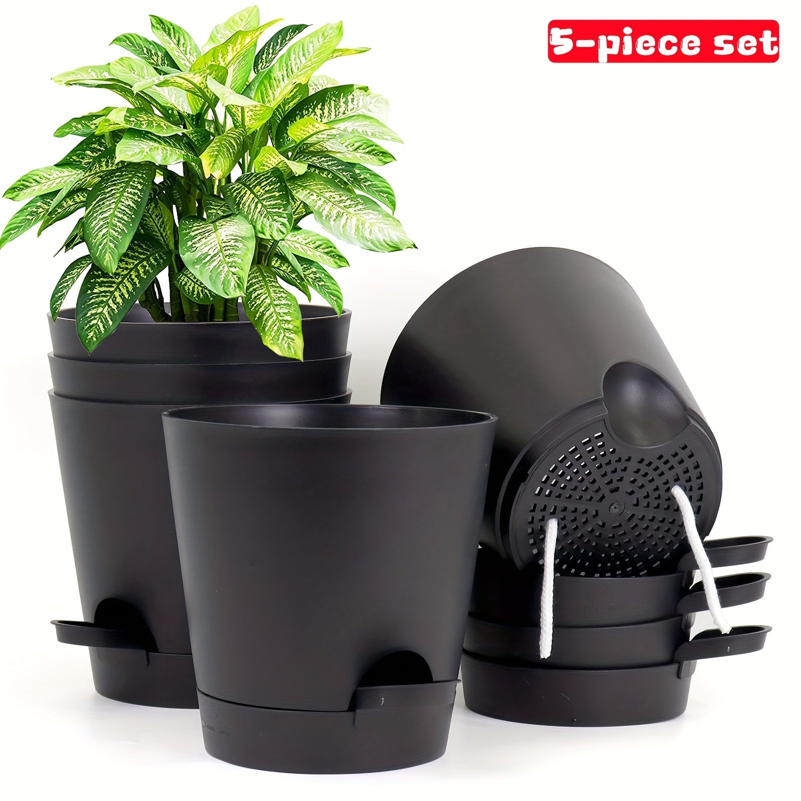 Set of 5 5-Inch Plastic Self-Watering Flower Pots with Drainage Holes and Trays for Indoor Outdoor Gardens