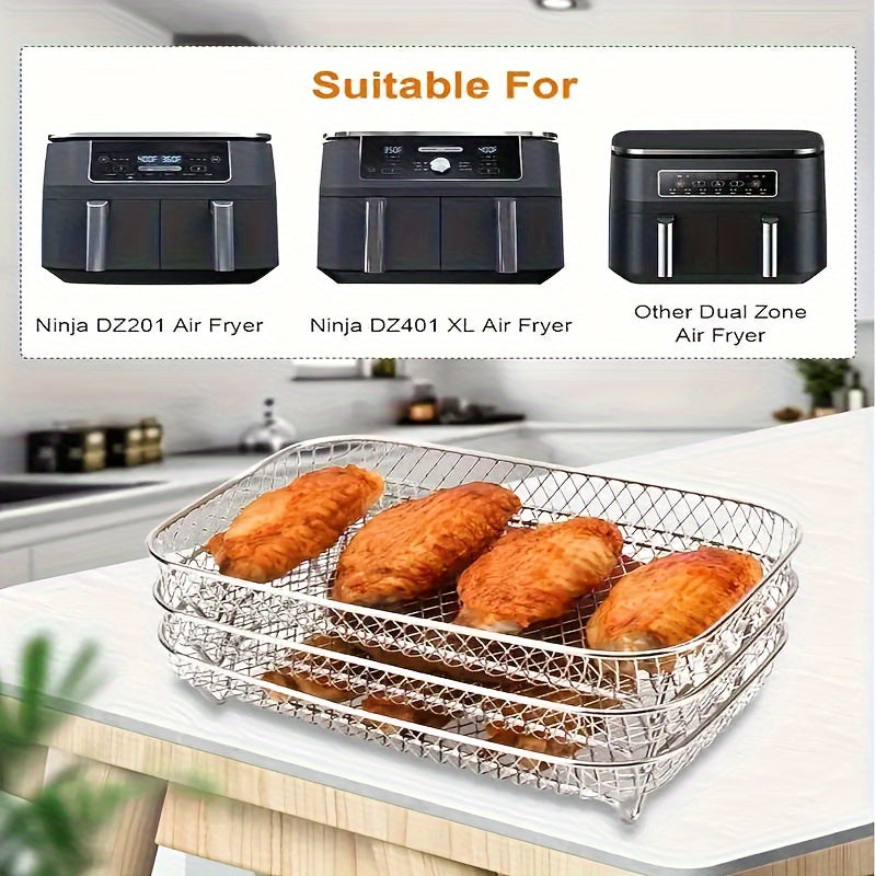 Stainless Steel 3-Tier Air Fryer Rack for Dual Zone Air Fryers with Removable Trays