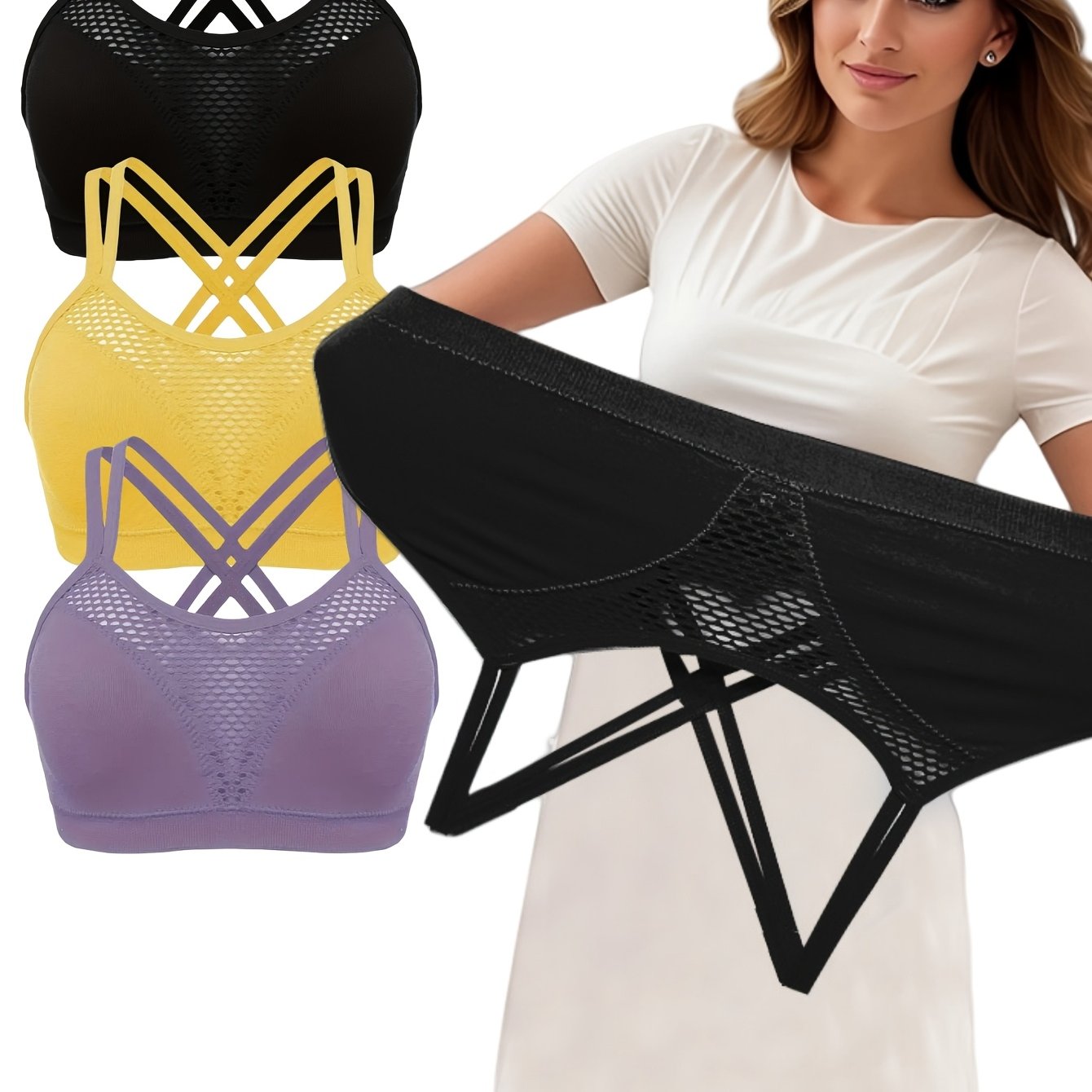 Women's Plus Size Seamless Wireless Sports Bra 3 Pack Breathable Hollow Design