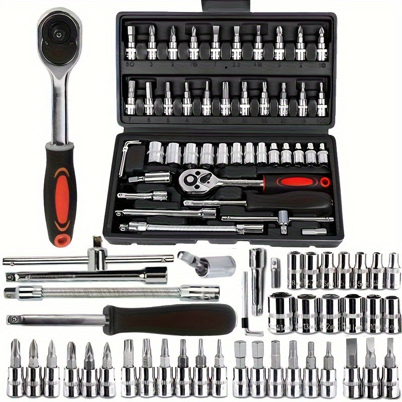 46-Piece Tool Kit 1/4 Inch Drive Ratchet Wrench Socket Set Car Repair