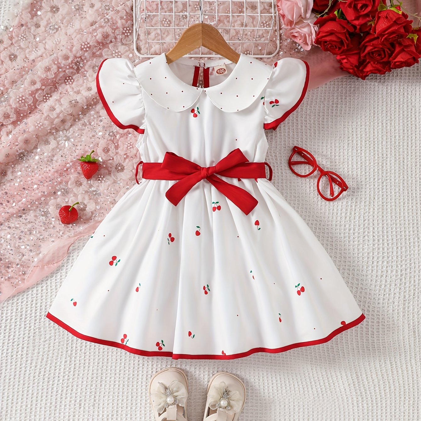 Girls' Woven Polyester Summer Sleeveless Dress with Doll Collar Ruffled Hem and Strawberry Pattern