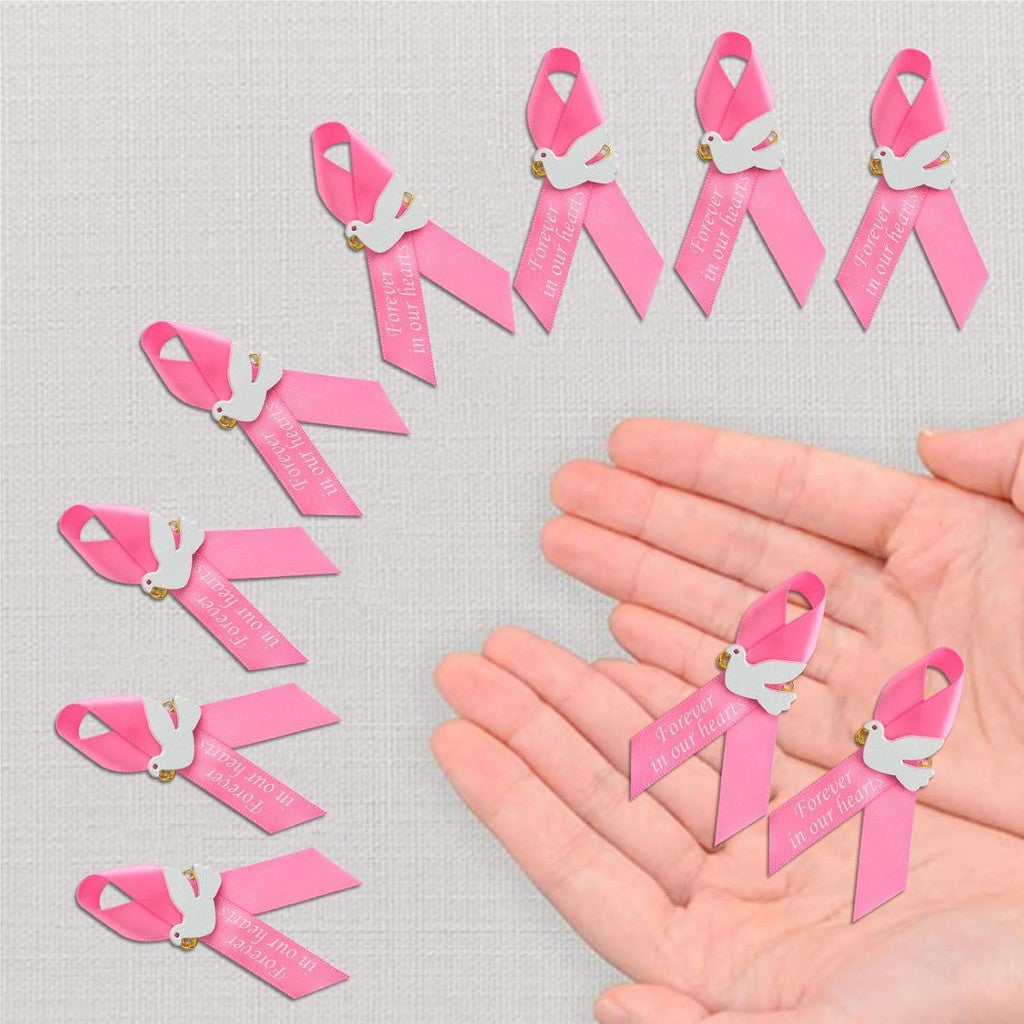 Pink Satin Ribbon Pins with Dove and "Forever in Our Hearts" Memorial Brooches