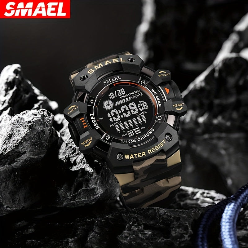 SMAEL Sports tomonidan tashqi tog‘larda yurish uchun ko‘p funksiyali LED tun chirog‘i qo‘l soati, katta dial, signal, kalendar va kamuflyaj tasmasi bilan.