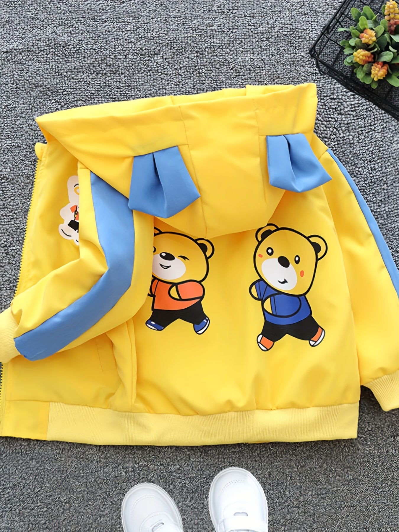 Boys' Lightweight Hooded Jacket with Bear Cartoon Print Yellow Blue Trim Fall Spring Kids Outerwear