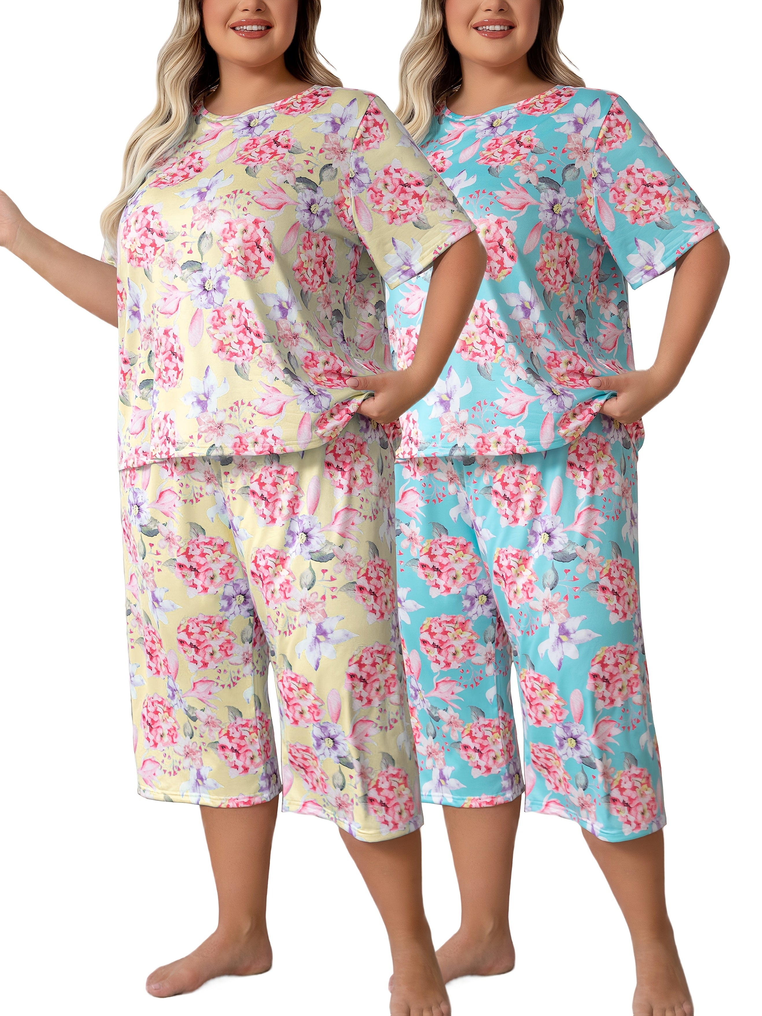 Plus-Size Floral Print Short-Sleeve and Three-Quarter Loungewear Set Comfortable