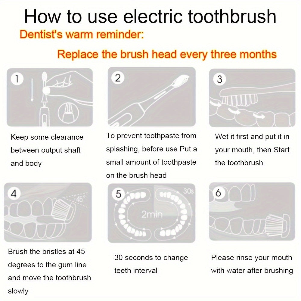 Uniseks AA batareyka bilan ishlaydigan elektr tish cho'tkasi, 6 ta o'rnini bosadigan boshlar bilan