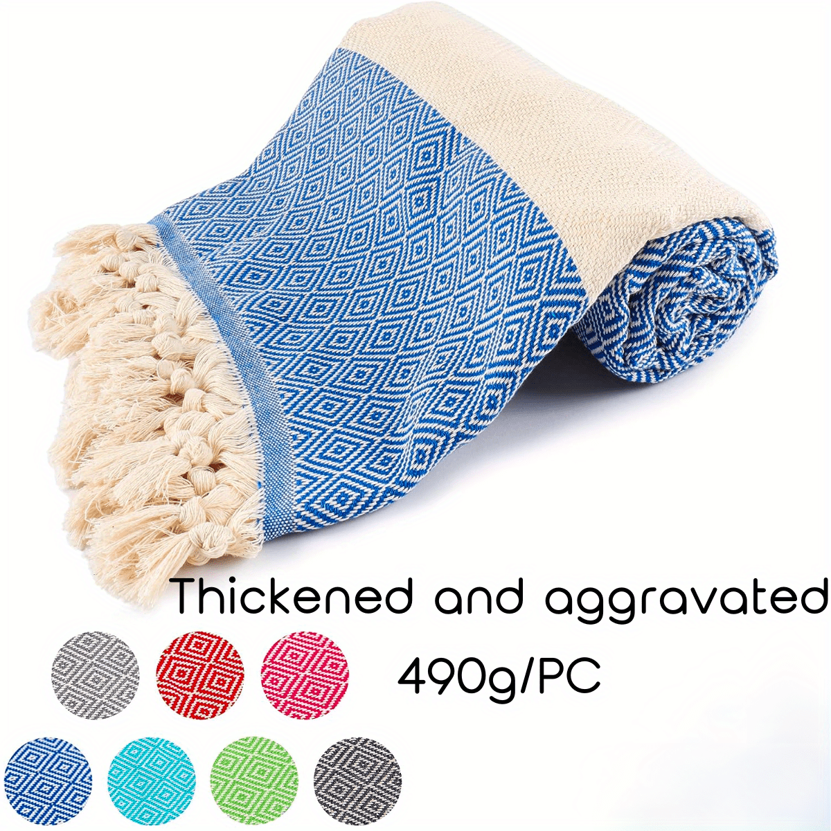 1 dona turk plyaj sochiq, jakardli romb dizayni bilan, tez quriydigan va qumga yopishmaydigan, o'lchami 71" x 39" (100 sm x 180 sm) plyaj va hammomda foydalanish uchun.