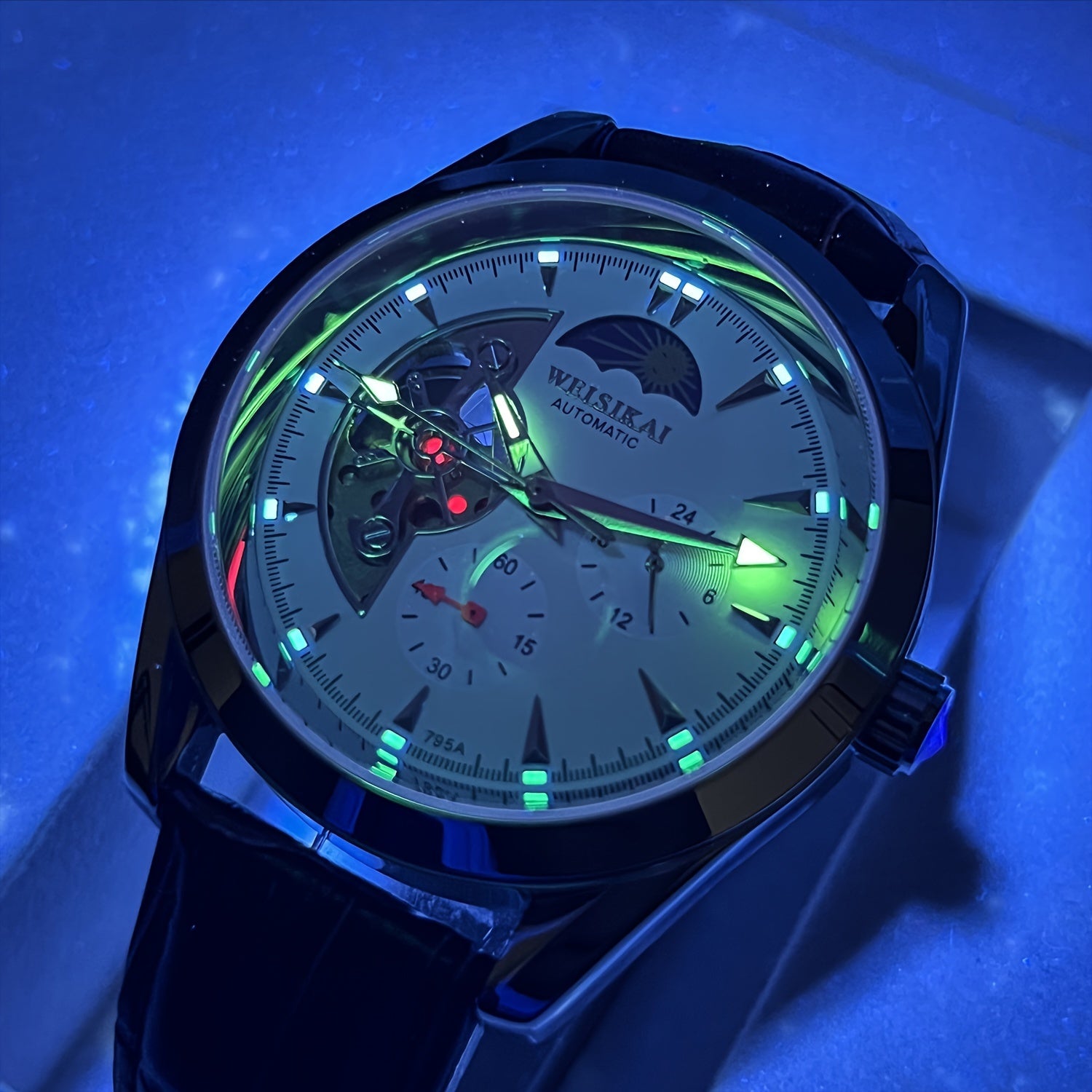 Men's Mechanical Watch with Moon and Star Design Automatic Leather Strap Business Style