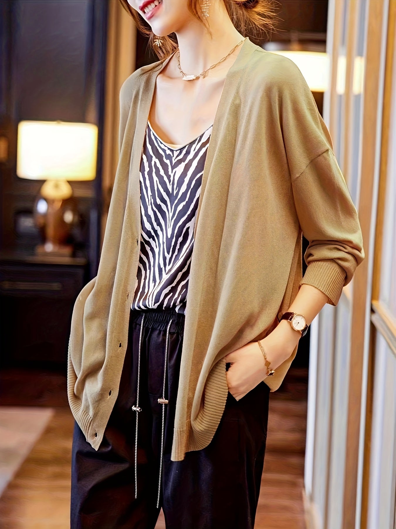 Plus Size Women's V-Neck Cardigan Lightweight Beige Open Front Sweater