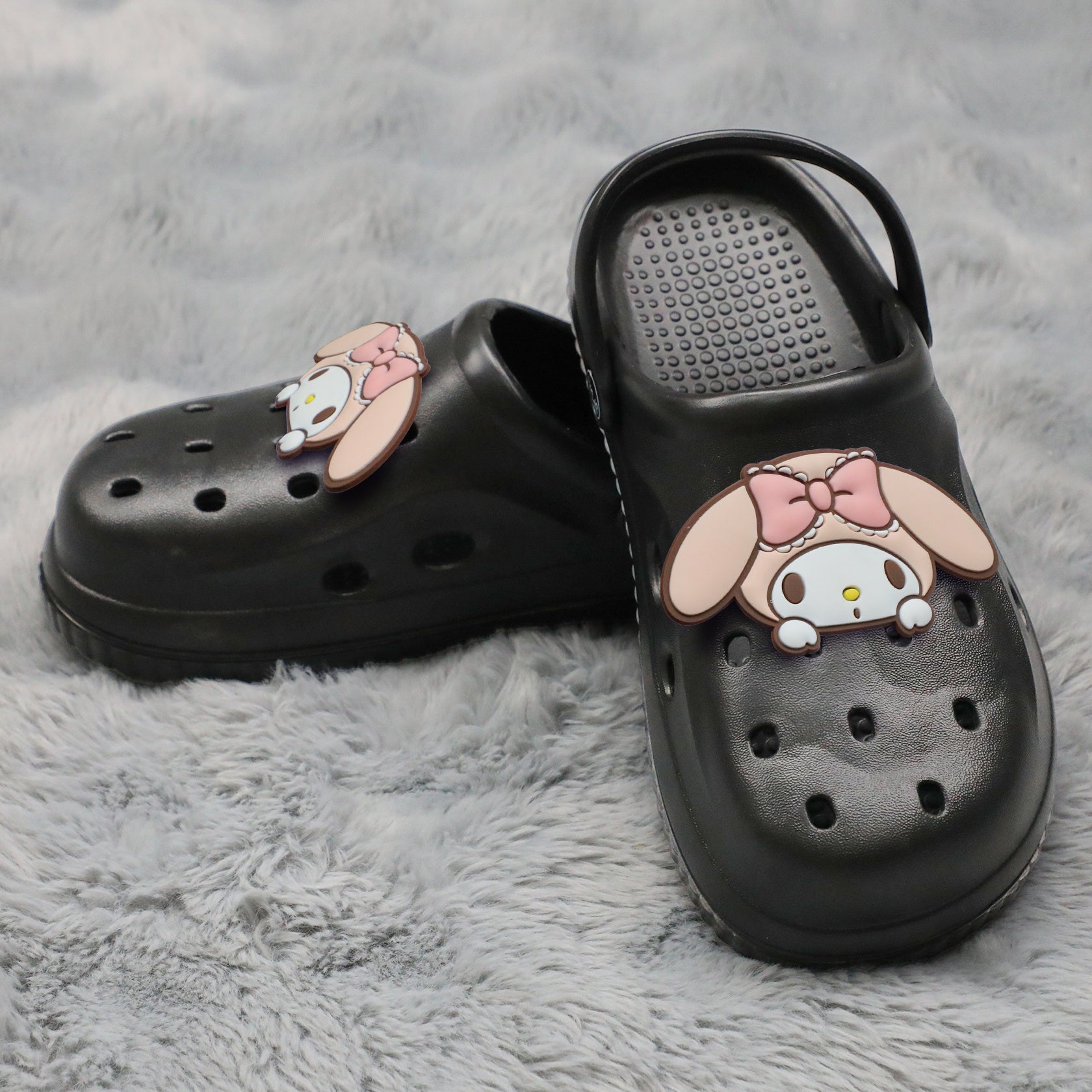 Women EVA Clogs Flat Slides with Cartoon Design, Black White Summer Footwear