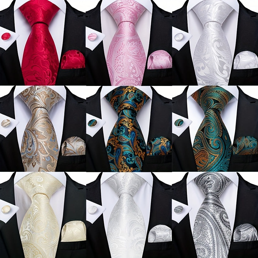 Men's Light Color Paisley Tie Set with Pocket Square and Cufflinks for Wedding or Gift