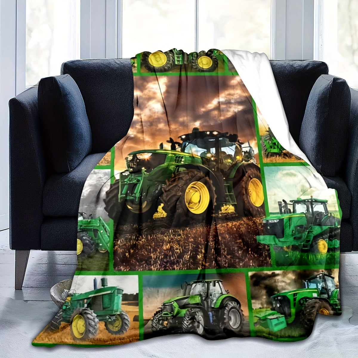 Flannel Farm Tractor Printed Blanket Shawl - Soft and Skin-Friendly Throw Blanket for Casual Sofa Use or Nap Time, Perfect as a Multi-Purpose Gift Blanket.