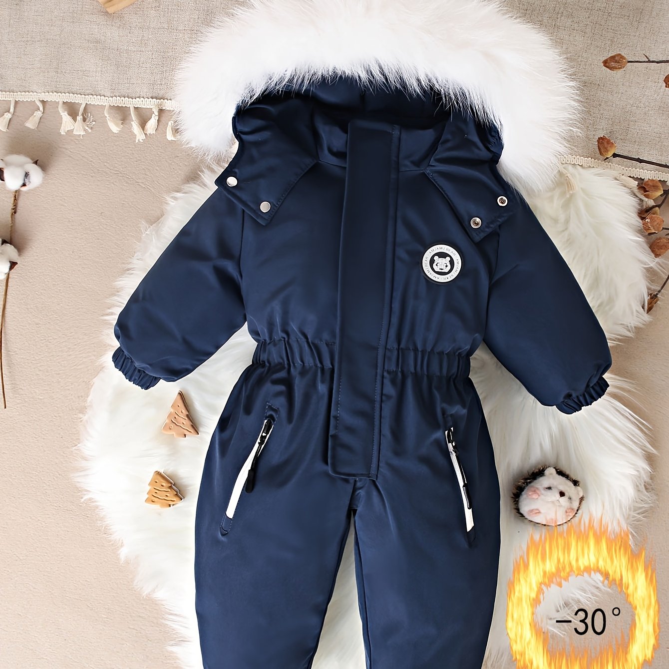 Baby Winter Snowsuit for Ages 1-5 with Faux Fur Hood and Zipper Closure