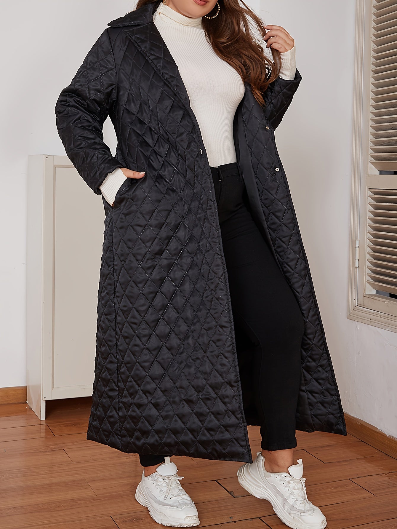 Plus Size Long Coat for Fall Winter Polyester V-Neck Solid Color Casual