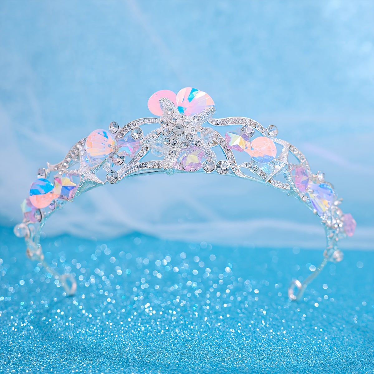Rhinestone Ocean-Inspired Tiara Crown for Beach Weddings with Shells and Starfish